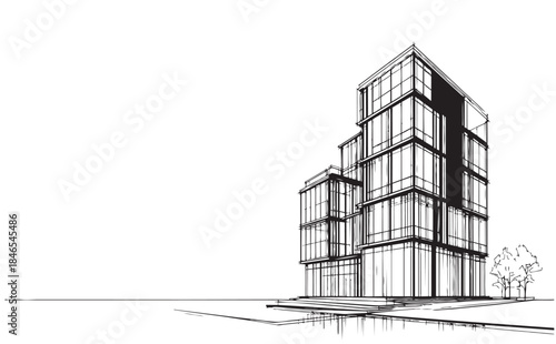 line sketch high-rise building on white background