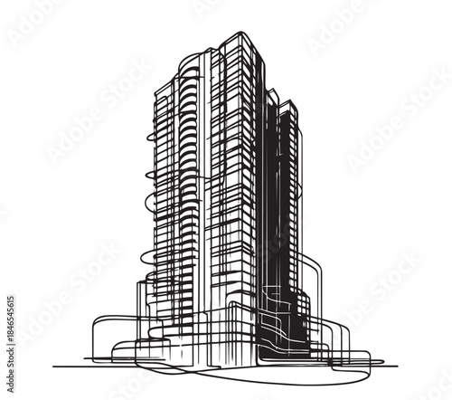 abstract line sketch high-rise building on white background