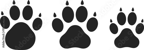 Three black paw print silhouettes of varying sizes on a white background footprint animal