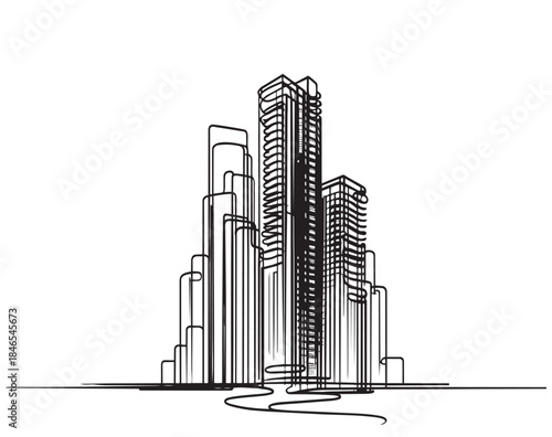 abstract line sketch high-rise building on white background