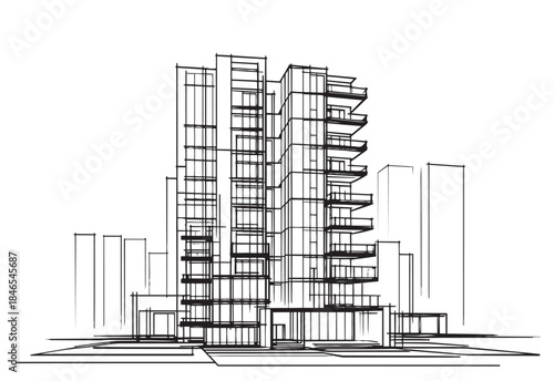 line sketch high-rise building on white background