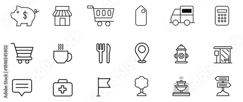 Outline Everyday Icons Vector Set Featuring Shopping, Business, Food, Location, Travel and Essential UI Symbols in Clean Minimal Line Style