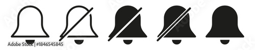 Notification bell icons set showing alert, mute, and disabled states - standard and crossed-out (off/mute) states for notification and alarm settings, ideal for UI, app settings, and system interfaces