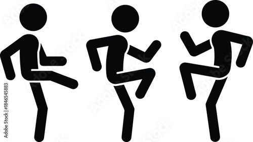 Three black stick figures performing leg exercises or dance moves person human