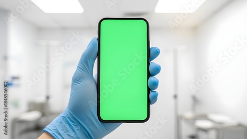 Gloved Medical Hand Holding Smartphone with Green Screen in Hospital Clinic
