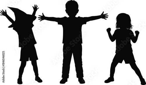 Silhouettes of three expressive children wearing hat and playful poses, arms raised wide, fists up, dynamic standing postures, vector illustration for kids