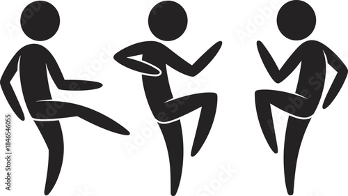 Three stick figures in dynamic poses, kicking and dancing on a white background silhouette movement