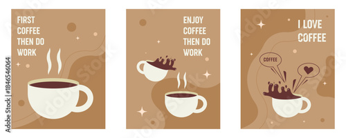 Three Coffee Posters  Flat Design Lifestyle Illustrations