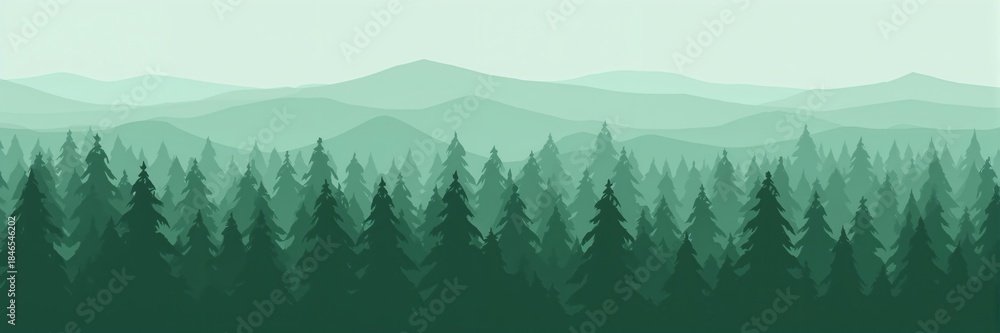 Fototapeta premium Modern minimal landscape showing rows of green fir trees in a wilderness setting with clean lines and a simple palette.