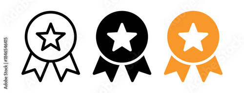 Award badge icons set with star ribbon in outline, solid black, and orange styles, perfect for quality, achievements, rewards, ratings, and UI elements