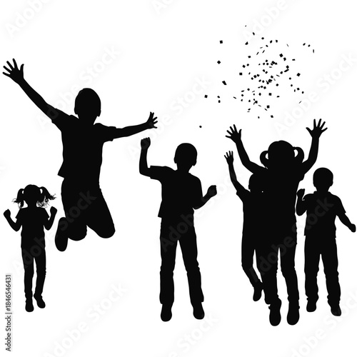 Silhouettes of children jumping with confetti