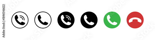 Phone call icons set showing incoming, outgoing, and active calls, telephone icons for calling and hanging up, answer and end call buttons, for UI, mobile apps, contacts, and communication systems