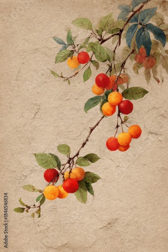 Vintage botanical illustration of apricot branch with ripe fruits, watercolor painting on textured antique paper, natural fruit art background