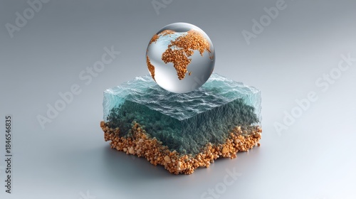 A Crystal Globe of Earth Rests on a Cube of Water and Soil.