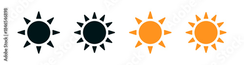 Sun icons set with black and orange colors, weather, brightness, summer, or settings ideal for UI, apps, forecasts, and daylight themes