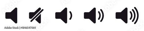 Speaker, Volume and sound icons set showing mute, low, medium, and high levels, sound levels from muted (crossed out) to maximum volume/loudness. perfect for UI, media players, and system controls.