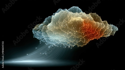 Abstract representation of a glowing, textured cloud formation with a beam of light emanating from below, against a dark background.