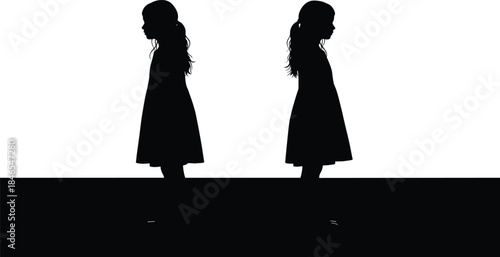 Silhouettes of Two Girls Back to Back, Mirrored Child Figures, Black Vector Illustration, Emotional Separation, Duality, Friendship Contrast, Vintage Paper-cut Style