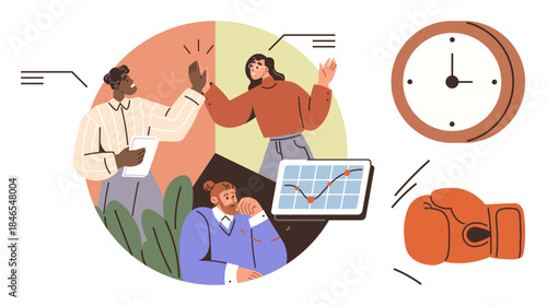 Team celebrating success, analyzing growth on a graph, clock symbolizing time, boxing glove for determination. Ideal for teamwork, productivity, time management, strategy, success motivation goal