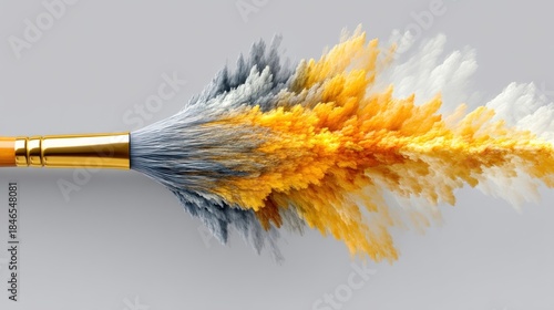 Paintbrush with Exploding Yellow and Grey Paint.