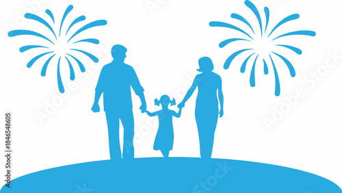 Family celebrating together with fireworks in the background happily