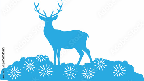 Majestic deer silhouette standing on hill with flowers