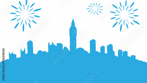 London city skyline with fireworks on white background