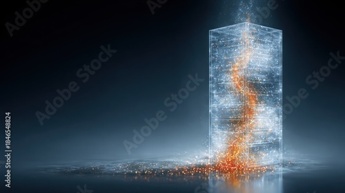 Abstract energy flow within a transparent rectangular prism, symbolizing data transfer and technological processes.