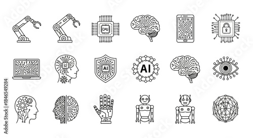 Collection of various icons representing artificial intelligence, robotics, and technology concepts