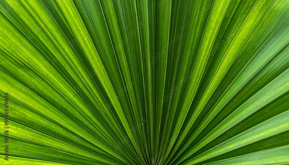 Obraz premium Close-up of a vibrant green palm frond displaying radial patterns emanating from a central point