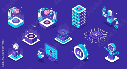 Modern technology icons representing artificial intelligence, data processing, and digital transformation concepts