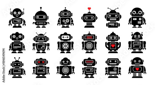 A collection of 20 diverse robots with various expressions and features, showcasing futuristic and modern designs