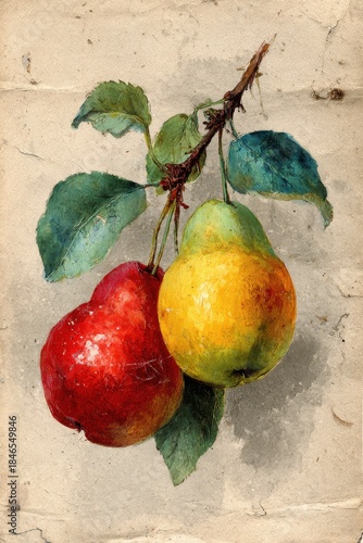 Vintage botanical illustration of pear branch with ripe pears, watercolor fruit painting on textured antique paper, natural food art background