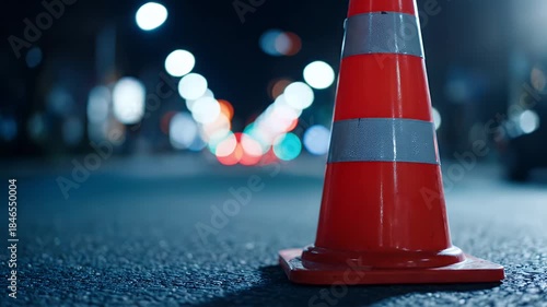 Reflective orange traffic cone on city street at night