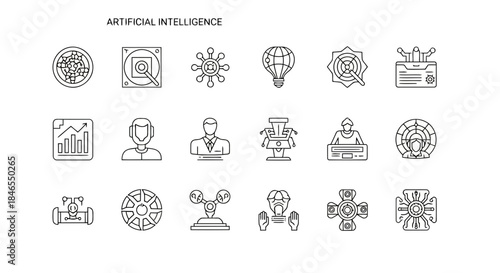 Artificial intelligence icons set including robot, data analysis, machine learning, and neural network symbols