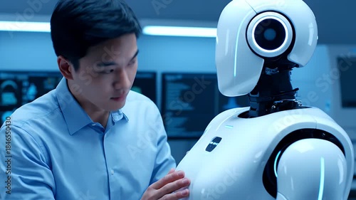 Asian engineer examining a humanoid robot in a high tech lab