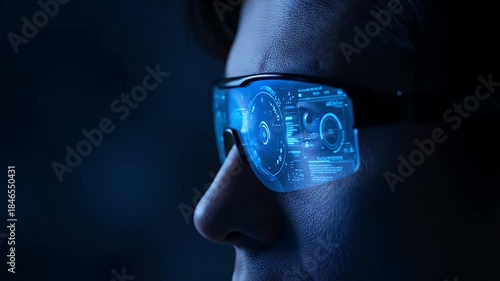 Profile of man wearing augmented reality glasses with digital data