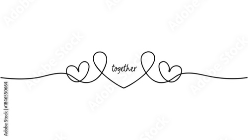Minimalist continuous line art of two intertwined hearts with the word together on a white