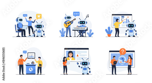 Illustration of people using technology and robots in various professional and creative activities