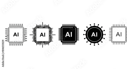 Five stylized ai chips with different decorative borders on a