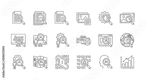 Set of icons representing data analysis, research, and technology concepts with magnifying glasses and digital elements