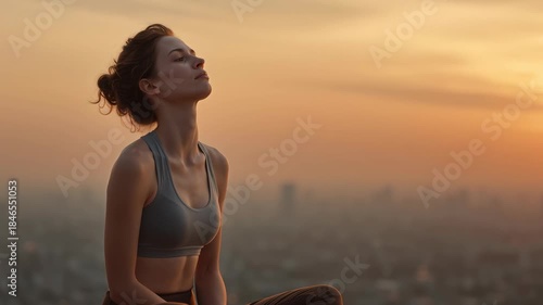 A serene moment of woman meditation at sunset on a city rooftop capturing tranquility.