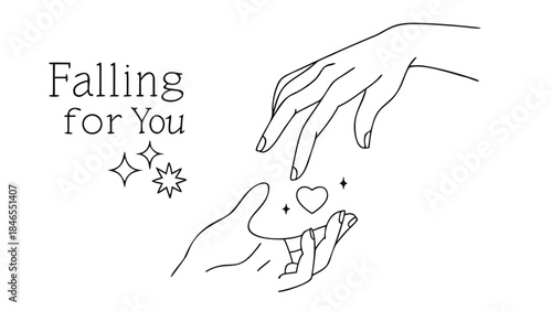 Hand catching a falling heart shaped star, minimalist illustration, simple black line art