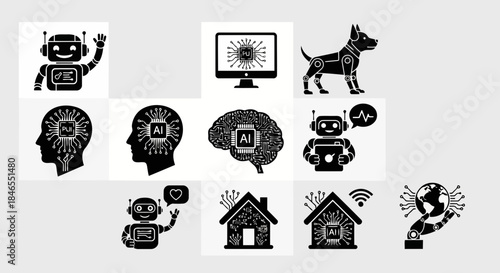 Collection of black and white icons representing technology, artificial intelligence, smart home, and cybersecurity concepts