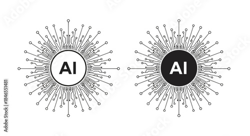 Two circular diagrams with ai in the center surrounded by radiating lines and nodes representing artificial intelligence
