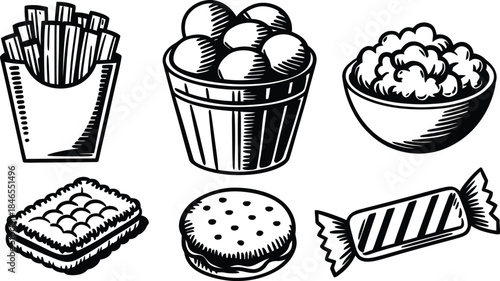 Hand Drawn Fast Food and Snack Doodle Icon Set Vector illustration