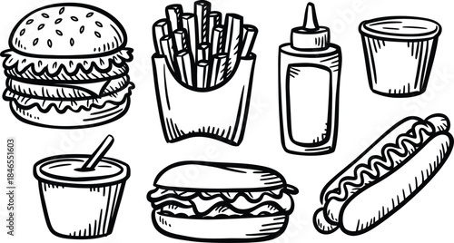 Hand Drawn Fast Food Vector Set with Burger, Fries, Hot Dog, Sandwich and Drinks Doodle Illustration