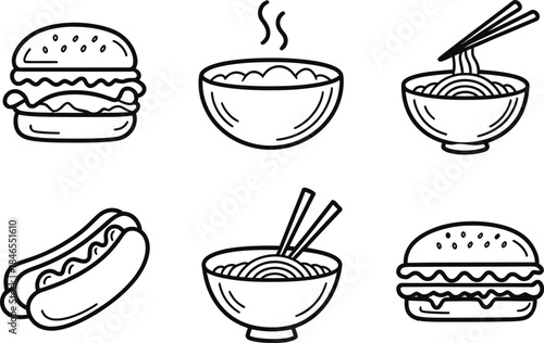 Fast Food and Asian Cuisine Line Art Vector Icons, Burger, Hot Dog, Ramen, and Soup Doodle Set