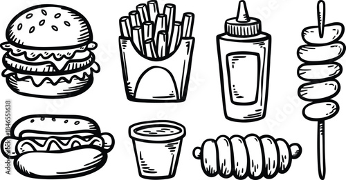 Hand Drawn Fast Food Doodle Set: Burger, Fries, Hot Dog, and Snacks Vector Illustration