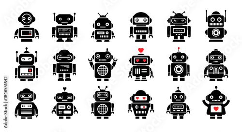 Collection of diverse robots with various expressions and designs, isolated on